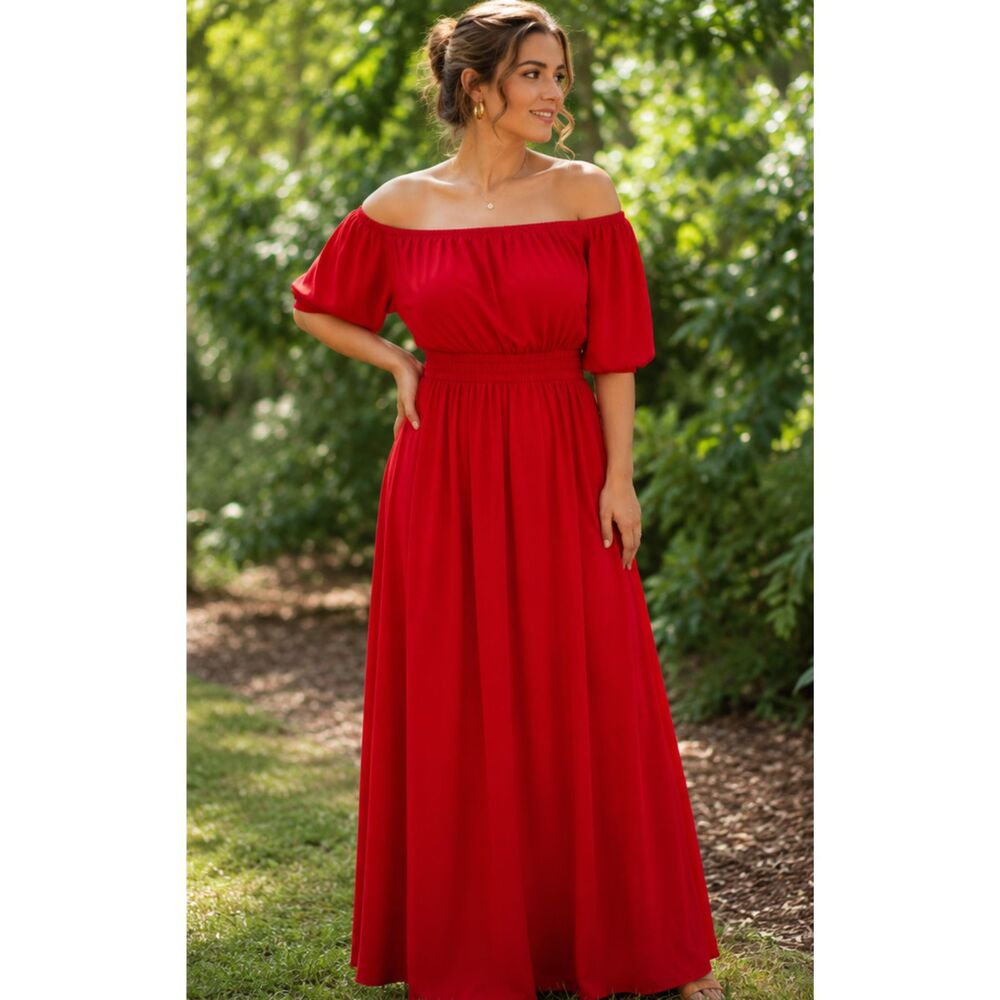 Red Off Shoulder Maxi Dress | Boho Goddess | Flowy Empire Waist Evening  1X